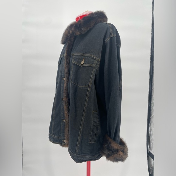 Dennis Basso (Faux) Fur Trimmed Dark Wash Denim Jacket Plus Size - Picture 9 of 16